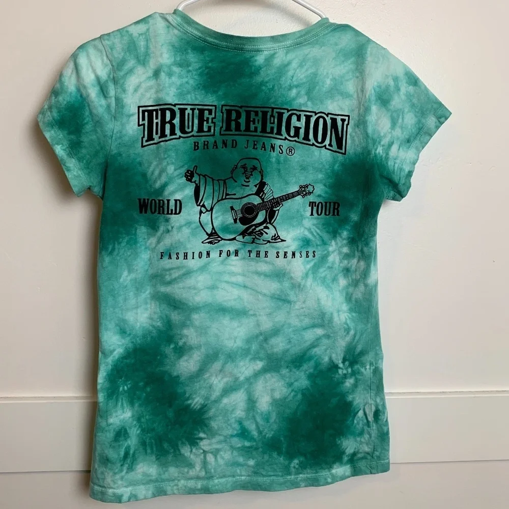 True Religion Green Tie-Dye Classic V-Neck Short Sleeve Shirt
